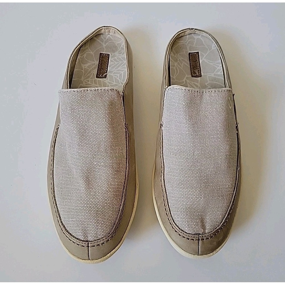 Olukai Huaka Silt Tapa Canvas Slide 8.5W Beige Active Athleisure Casual Comfort